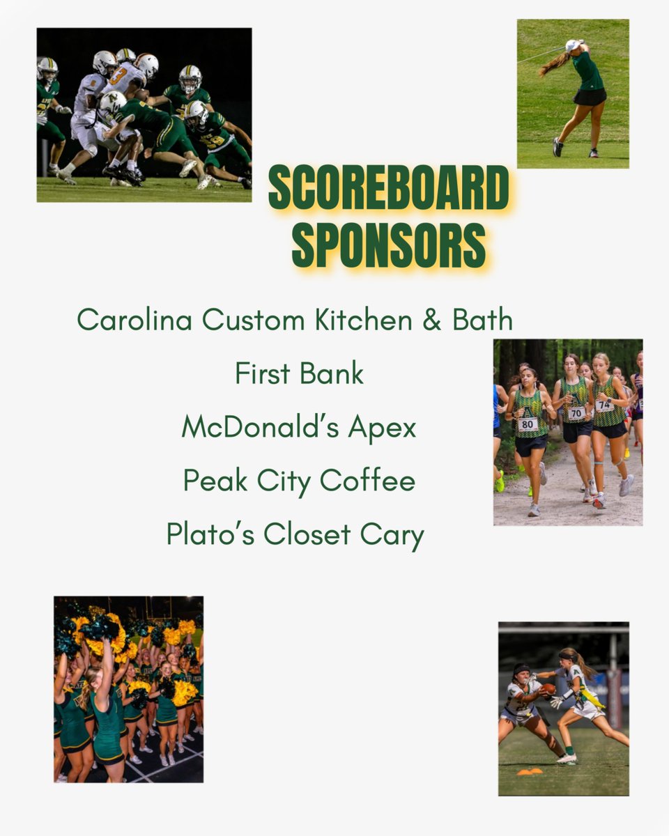 apexcougarclub's tweet photo. 🏔️ Meet our Peak Level &amp; Scoreboard Sponsors — powering Apex Athletics on and off the field. Support them the way they support us. PEAKS UP! 🏔️💚💛
📸: @tim_ts_images

@ApexHighSchool @apexhsathletics @ApexHScheer @apextrackxc @ApexFB @apexhsgolf @ApexHighTen https://t.co/k0leejkrLp