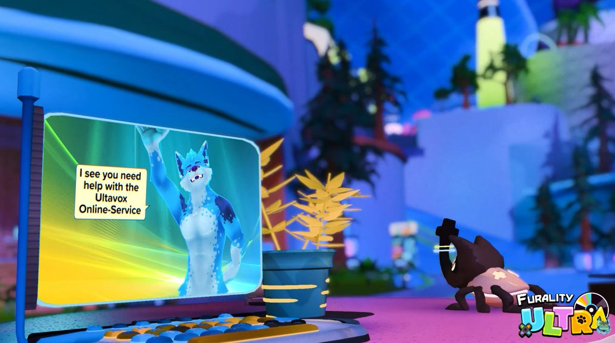 VRChat screenshot. This features a small, robotic beetle creature watching a screen. On the screen is F.Y.N.N., Furality's blue, vulpine mascot. A speech bubble next to F.Y.N.N. reads, "I see you need help with Ultravox Online-Service."
The setting is a world from Furality Ultra. The convention's theme centered around the visual style of mid-2000's video games.