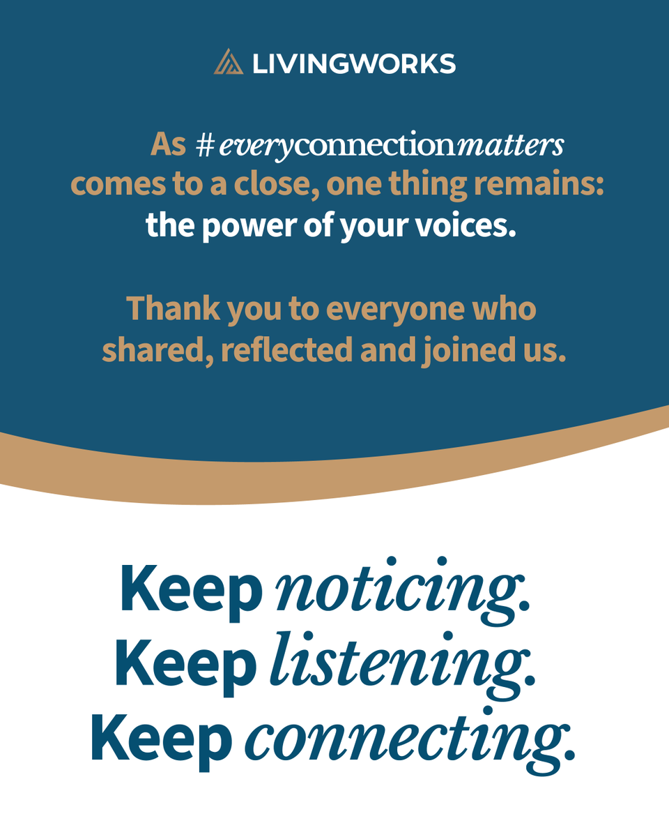 Living_Works's tweet photo. As #EveryConnectionMatters comes to a close, we’re grateful for every voice, story, photo, reflection and moment shared.

You helped create a global story of connection.

Keep noticing. Keep listening. Keep checking in.

Explore more: https://t.co/xNCmLdzAx9 https://t.co/OSoVGRDAlv