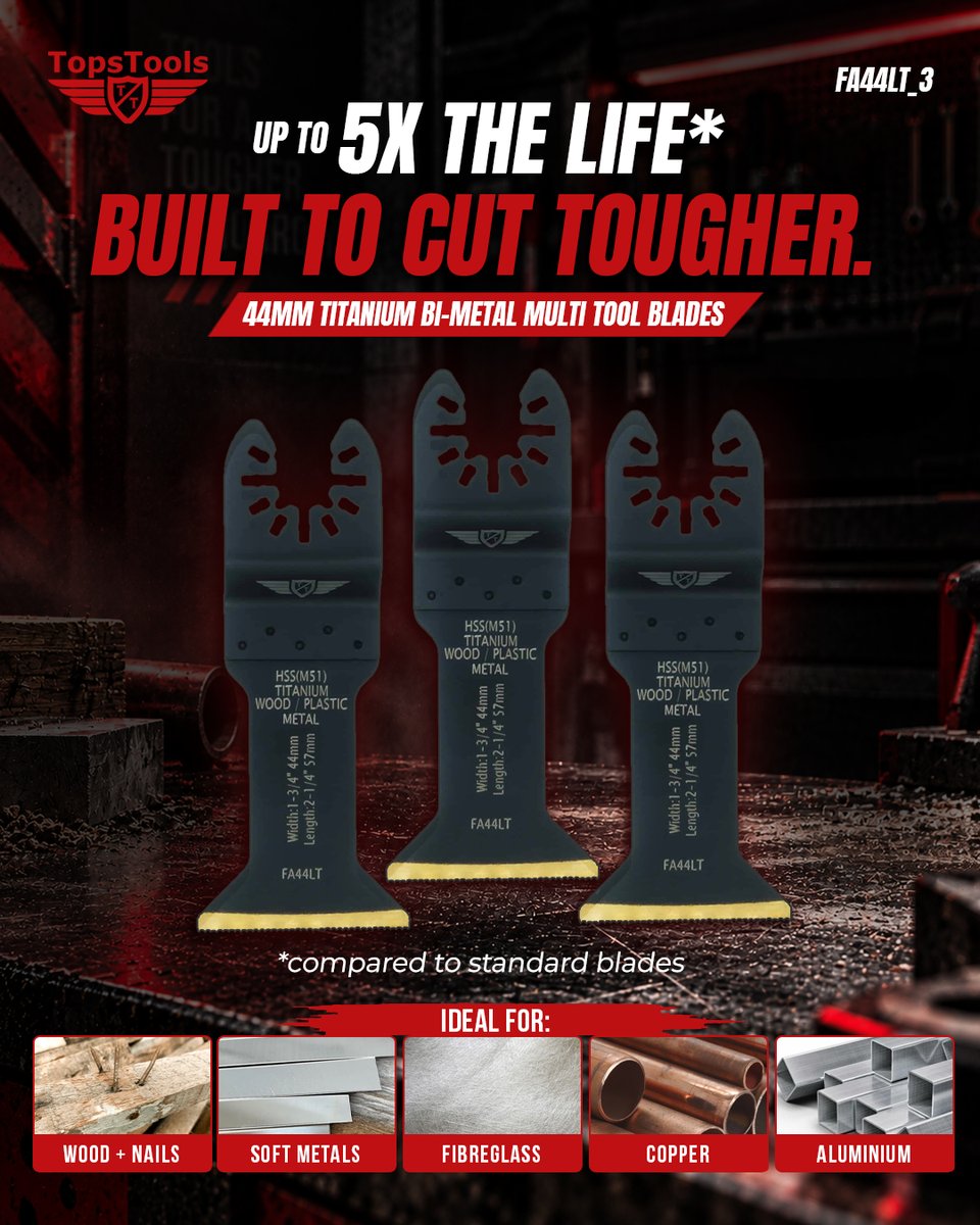 TopsTools's tweet photo. Built to cut tougher. 🔴
44mm titanium-coated bi-metal multi-tool blades with reduced friction, cooler cutting and 57mm long reach.
For wood + nails, soft metals, fibreglass, copper &amp; aluminium.
FA44LT_3
#TopsTools #MultiTool #TradeTools https://t.co/JIq5hnLllz