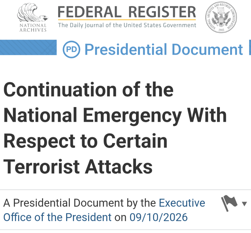 TheGreeneBJ's tweet photo. Once again, Trump quietly renewed the infinite state of emergency started after 9/11.

This gives them all sorts of powers we dont even know about.

No word from Congress, media or any other center of power.

Fake democracy https://t.co/fIWohixMaW