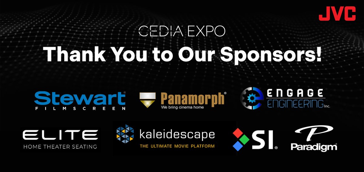 JVC_USA's tweet photo. JVC would like to thank all of our sponsors that helped make this year's CEDIA Expo truly special! https://t.co/uK6VTRLDGe

#JVC #JVCProjectors @StewartFilmscrn @Kaleidescape @EliteHTS #EngageEngineering @SIScreens @ParadigmNow #Panamorph https://t.co/6kAadlpgqV