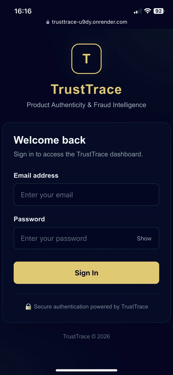 UrFavSmartRoyal's tweet photo. π¨ What if every product had a digital identity?
I built TrustTrace β a product authentication & fraud-intelligence platform designed to help detect suspicious activity associated with counterfeit or misused products.
And itβs now deployed. π
#TrustTrace #Cybersecurity https://t.co/rxGFzRTxsX