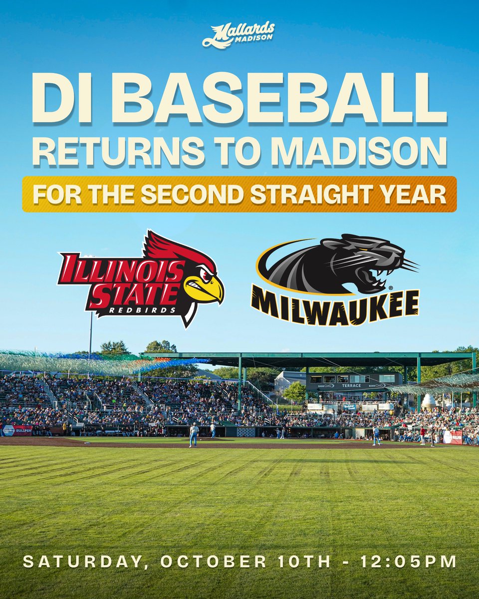 MadisonMallards's tweet photo. DI baseball RETURNS to Madison for a second straight year! ⚾️

Watch @RedbirdBaseball take on @MKE_Baseball on October 10 at 12:05 PM at Warner Park 🦆

Secure your tickets 🎟️➡️ https://t.co/i4br4nwH2T https://t.co/tvP3wGh2ig