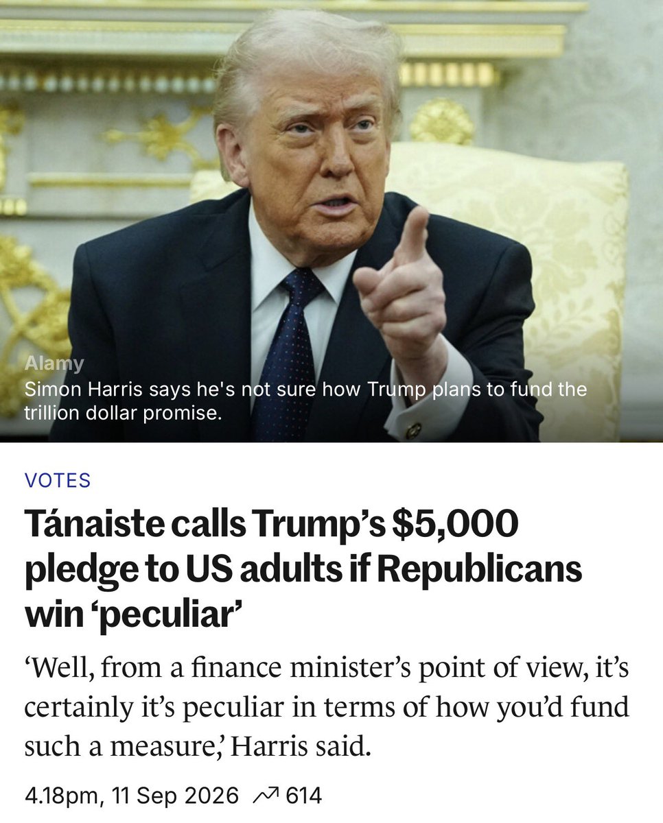 kenoflynnTD's tweet photo. Simon Harris calls Trump's $5,000 pledge "peculiar" because he's not sure how America would fund it.

Interesting. I wasn't aware the Tánaiste was privy to the US Treasury.

Meanwhile Ireland has sent hundreds of millions to Ukraine and billions in overseas aid to African countries over the last decade. Plenty of it worthy. Very little of it ever subjected to the same forensic questioning here at home.

One pledge gets called peculiar. Our own spending rarely gets a second look.

Same standard of scrutiny, please.
