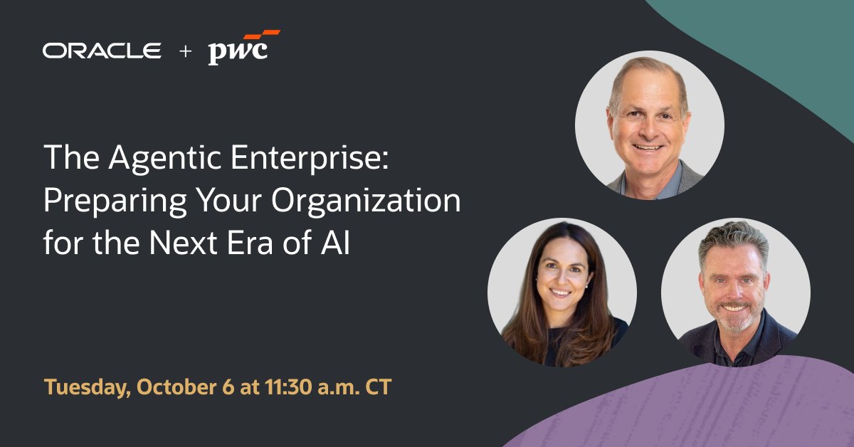 RodrigoDonats's tweet photo. Join Oracle’s Chris Leone and Leah Yomtovian, alongside PwC’s Dan Priest, for an executive discussion on the rise of the agentic enterprise and how leaders can accelerate AI adoption, unlock business value, and prepare their teams for what’s next: https://t.co/TbmizdakNO https://t.co/p1PI59m7r9