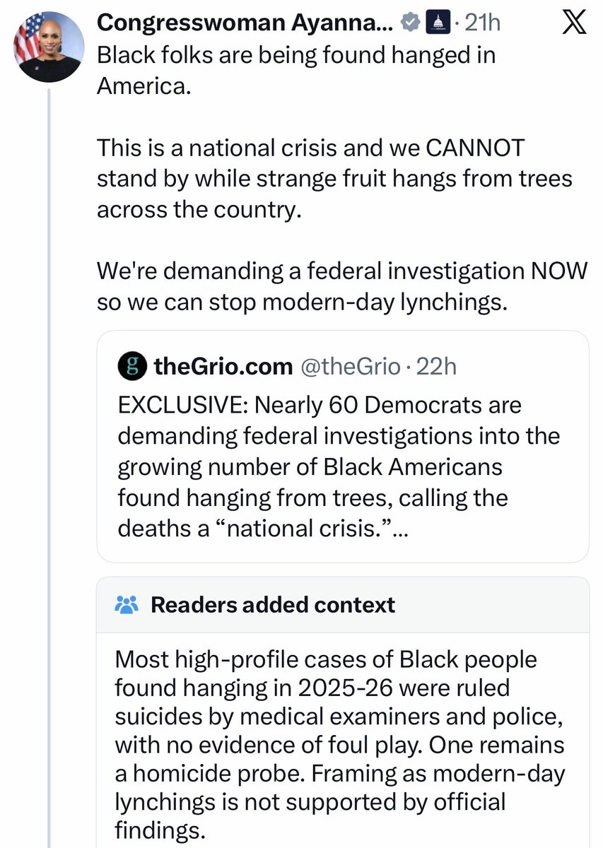 libsoftiktok's tweet photo. Ayanna Pressley and AOC are trying to start a race war with lies about about black people being hanged

They were all suicides. Only one is being investigated as a homicide and the person of interest is black.

They can’t get away with lying so blatantly anymore thanks to community notes