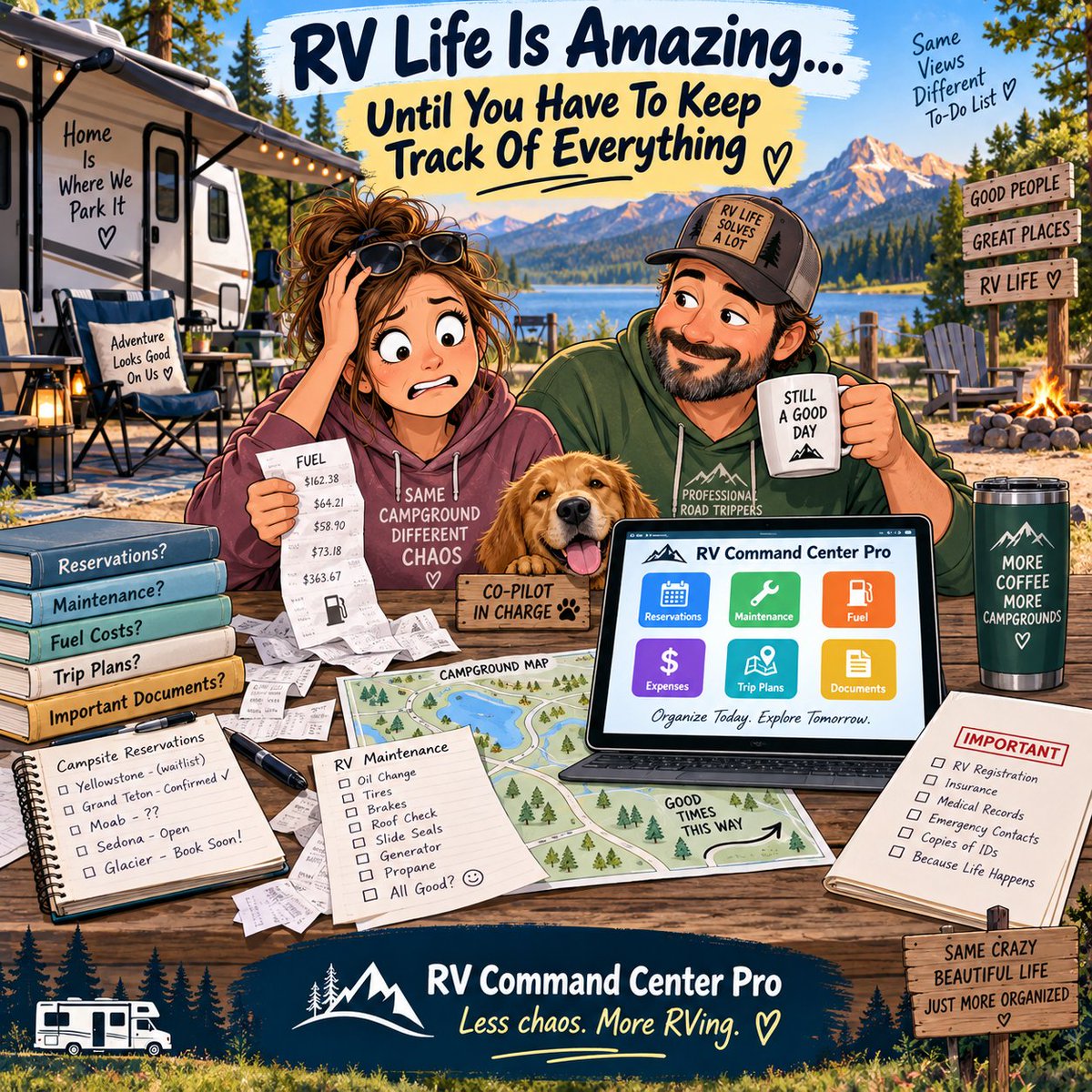 RVCommandCtrPro's tweet photo. Full-time RV life is amazing… until reservations, maintenance, fuel, expenses, trip plans and documents start piling up. 😂🚐

RV Command Center Pro helps keep the important stuff organized in one place.

Less chaos. More RVing. 🏕️

#RVLife #FullTimeRV #RVCommandCenterPro https://t.co/5FTAz3Dfj5