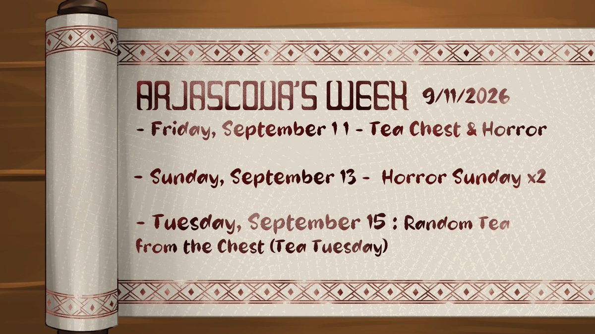 arjascova's tweet photo. Stream Schedule for the week of 9/11/2026 ~ 🍵Stop by at 7PM CST on 9/11, 9/13, and 9/15!!  https://t.co/yIhGhlQ0tg https://t.co/2mMhiAsJvH