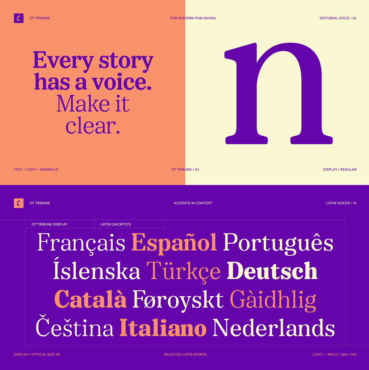 Oztypecom's tweet photo. I’ve been revisiting OT Tribune, a family I designed with Zachary Schwartz for OzType, and wanted to share some of the specimens here.

The idea was to build an editorial serif that could adapt properly across different reading sizes rather than simply scale the same design up https://t.co/lA4w5OR53H
