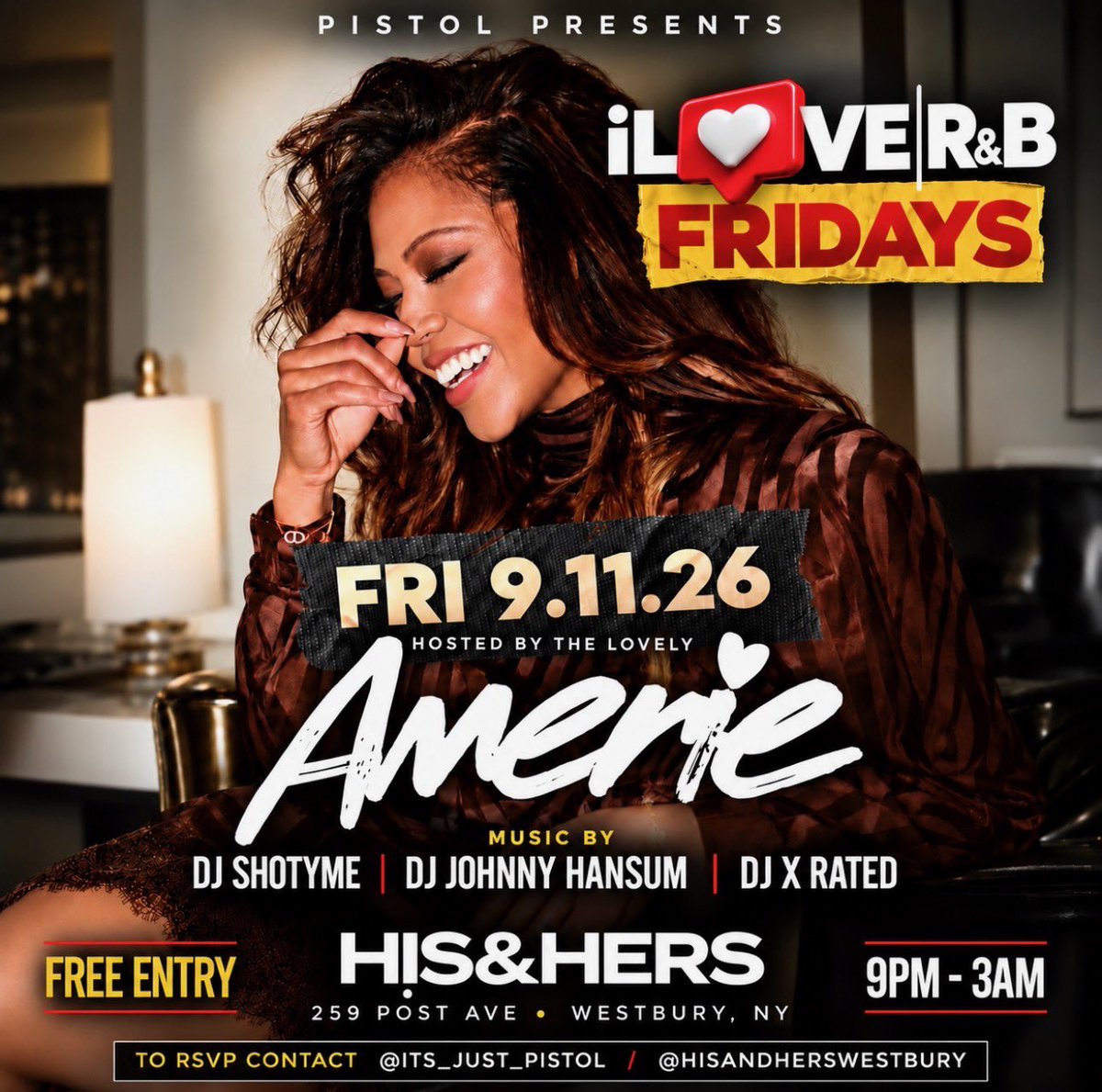 DJJOHNNYHANSUM's tweet photo. Tonight i Love R&B Fridays @hisandherswestbury
259 Post Ave. Westbury Ny.
Food, Hookah, Bottle & Drink Specials Available
Hosted By Amerie
Games On Tv Screens
#PullUp 🔥🔥🔥 https://t.co/c6gbST8kkv