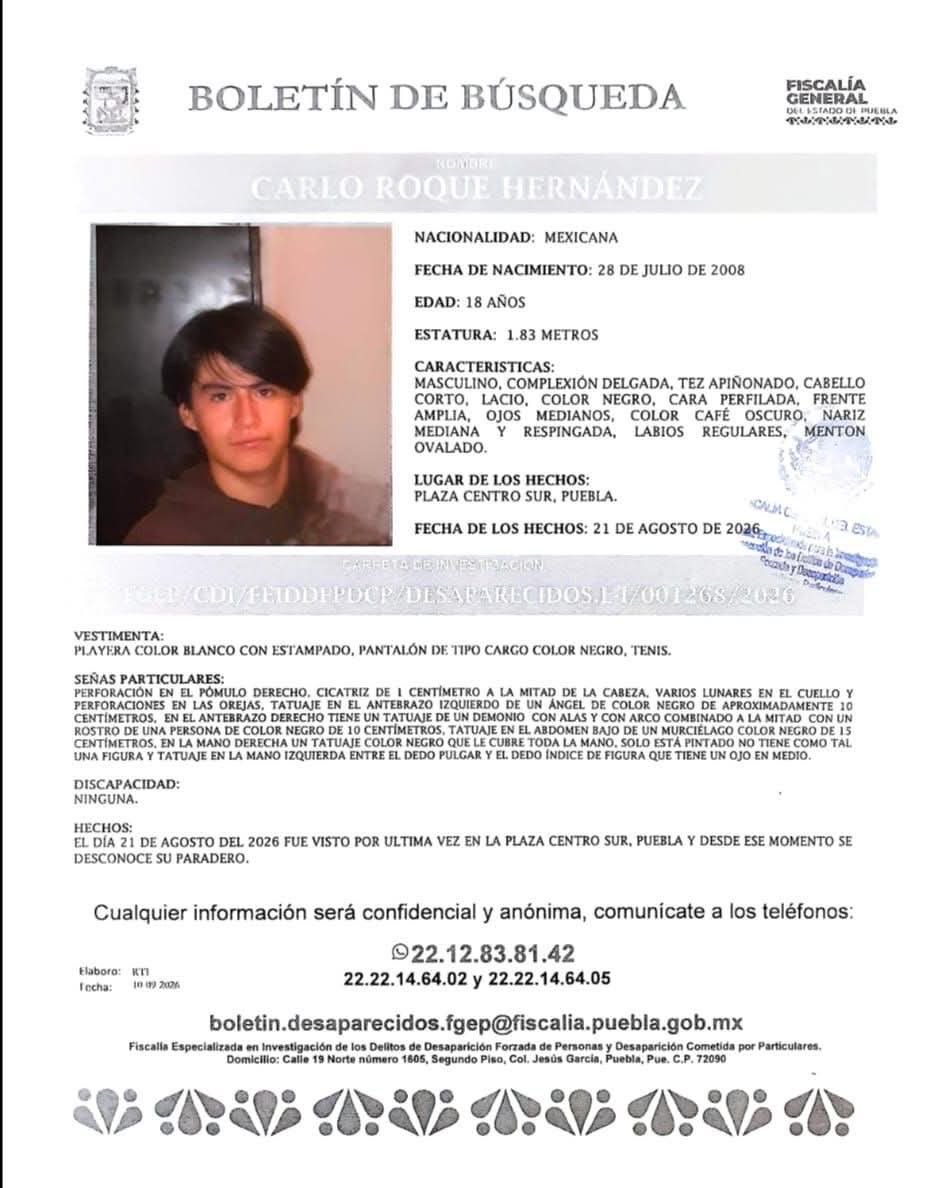 TribunaVigila's tweet photo. #Desaparecido🔍 ayúdanos a encontrar a Carlos Roque Hernández de 18 años de edad, desapareció el pasado 21 de agosto en Plaza Centro Cruz #Puebla #Comparte https://t.co/5iDkgO84wK