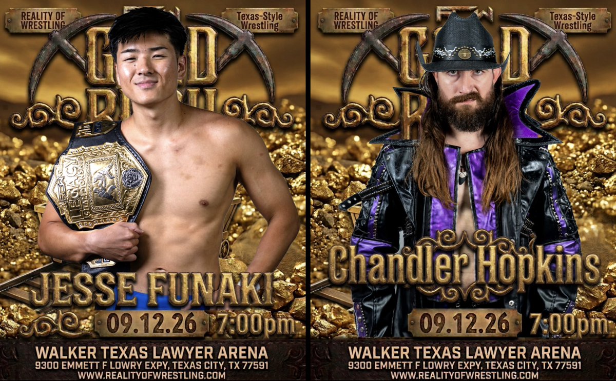 TheOfficialROW's tweet photo. ‼️ THIS SATURDAY / TEXAS CITY ‼️

JESSE FUNAKI (c) vs. @TheYoungGun_CH 

The Legacy Champion Jesse Funaki puts his championship on the line against a dangerous and determined “Modern Day Outlaw” Chandler Hopkins at Gold Rush! 

🚪 Doors Open: 6:30 PM
🔔 Bell Time: 7:00 PM
📍 9300 Emmett F. Lowry Expressway
Texas City, TX 77591

🎟️ Tickets On Sale NOW:
👉 https://t.co/8hEzuvyFZS