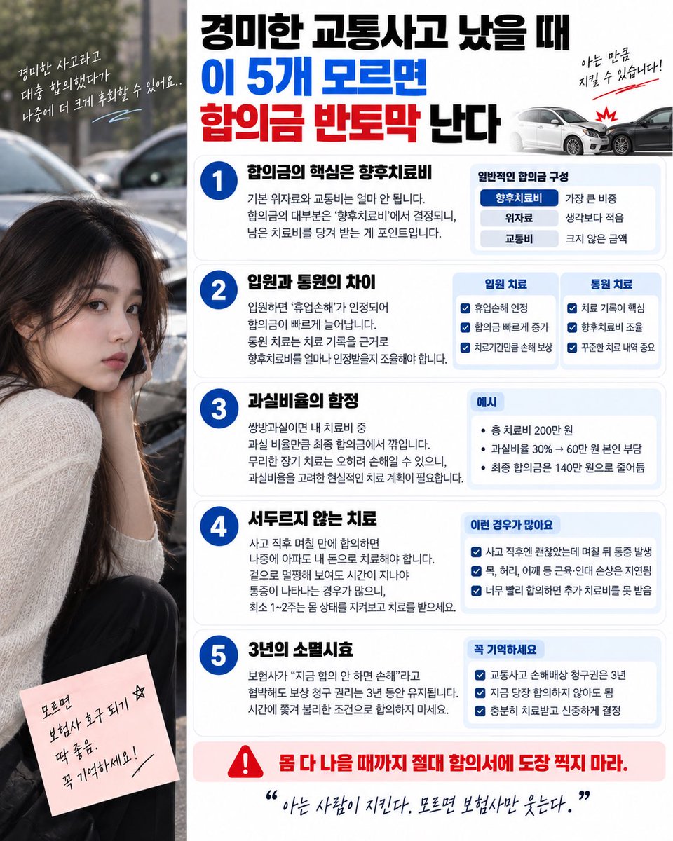 HUUK72670323's tweet photo. ◾️교통사고 났을 때 이 5개 모르고 바로 합의하면 손해보기 쉬움

보험사에서 연락 왔다고
무조건 빨리 끝내는 게 정답은 아님.

합의금은 ‘향후치료비 하나’로 결정되는 게 아님

위자료, 실제 치료비, 휴업손해, 기타 손해 등
사고 상황과 실제 손해를 기준으로 따져야 함.

특히 경상환자의 향후치료비는
예전처럼 “남은 치료비를 미리 당겨 받는다”는 식으로만 생각하면 위험함.

결국 중요한 건
내가 실제로 어떤 손해를 입었는지 자료로 남기는 것.

입원했다고 무조건 합의금이 확 뛰는 건 아님

입원 기간에 실제 일을 못 해서
소득 손해가 발생했다면 휴업손해가 문제될 수 있지만,

그냥 입원했다는 이유만으로
자동으로 큰돈이 붙는 구조는 아님.

반대로 통원치료도
진단·치료기록을 꾸준히 남기는 게 중요함.

쌍방과실이면 과실비율을 꼭 확인

경상환자는 대인Ⅱ 치료비 중
본인 과실에 해당하는 부분이
본인 보험이나 자비 부담으로 이어질 수 있음.

그러니까
“어차피 상대 보험사가 다 내겠지” 하고
필요 이상으로 치료를 끌면 오히려 불리할 수도 있음.

아픈데 합의부터 하지 말 것

사고 직후에는 괜찮다가
며칠 뒤 목·허리 통증이 올라오는 경우도 있음.

그래서 “무조건 1~2주 버텨라”가 아니라
몸 상태와 치료 경과가 어느 정도 확인된 뒤 합의를 결정하는 게 핵심.

한번 최종 합의를 해버리면
추가 치료비를 다시 요구하기 어려워질 수 있으니
합의서 내용부터 꼼꼼히 봐야 함.

그리고 2026년 9월 10일 이후 발생한 사고부터는
12~14급 경상환자가 8주를 초과해 치료하려면
치료 필요성 검토 절차가 적용됨.

‘오늘 합의 안 하면 손해’라는 말에 급해질 필요 없음

교통사고 손해배상청구권은
일반적으로 손해와 가해자를 안 날부터
3년의 소멸시효가 문제됨.

그러니 보험사 연락 한 번 왔다고
그날 바로 결정할 이유는 없음.

다만 사고 유형과 청구권에 따라
기산점이나 적용되는 기준이 달라질 수 있으니
오래 미룰 생각이라면 따로 확인해야 함.

결론은 간단함.

합의금 많이 받으려고 치료하는 게 아니라
몸이 회복되고 실제 손해가 정리된 다음 합의해야 함.

모르면 보험사 말만 듣고 끝내기 쉬움.

사고 나면
진단서·치료기록·소득자료·과실비율·합의서
이 5개부터 챙겨라.

소멸시효는 자동차손해배상진흥원도 피해자 직접청구 안내에서 손해와 가해자를 안 날부터 3년으로 안내하고 있어.