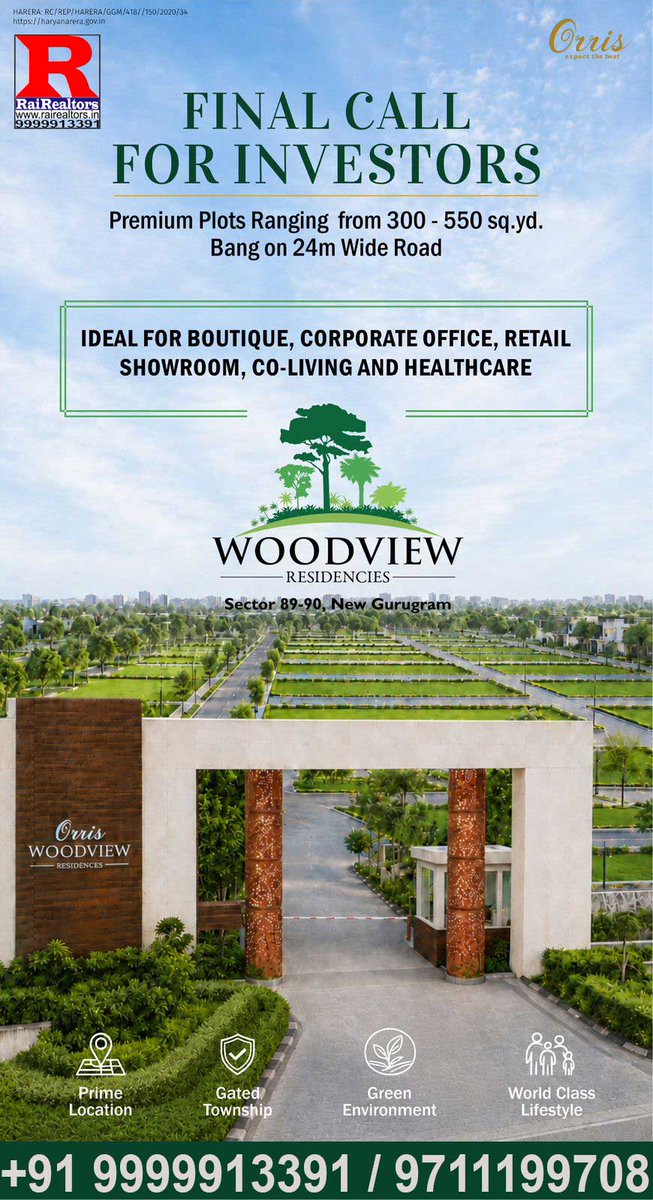 rairealtors's tweet photo. Limited-edition #ResidentialPlots on #DwarkaExpressway #Gurgaon. #OrrisWoodview #Sector89 #Gurugram #GatedPlots in Integrated Township of more than 100 acres. Schools, Hospital and mall operational, #BuilderFloors and #Plots available for Sale.
Peak of luxury #realestate, offering ultra-low-density living, high-security gated setups, and custom build privileges. Because open land is disappearing fast in prime Gurgaon, these plots are highly prized for custom villa construction and major investment returns.
For More Details call or message #RaiRealtors +91 9999913391 rairealtors@gmail.com
