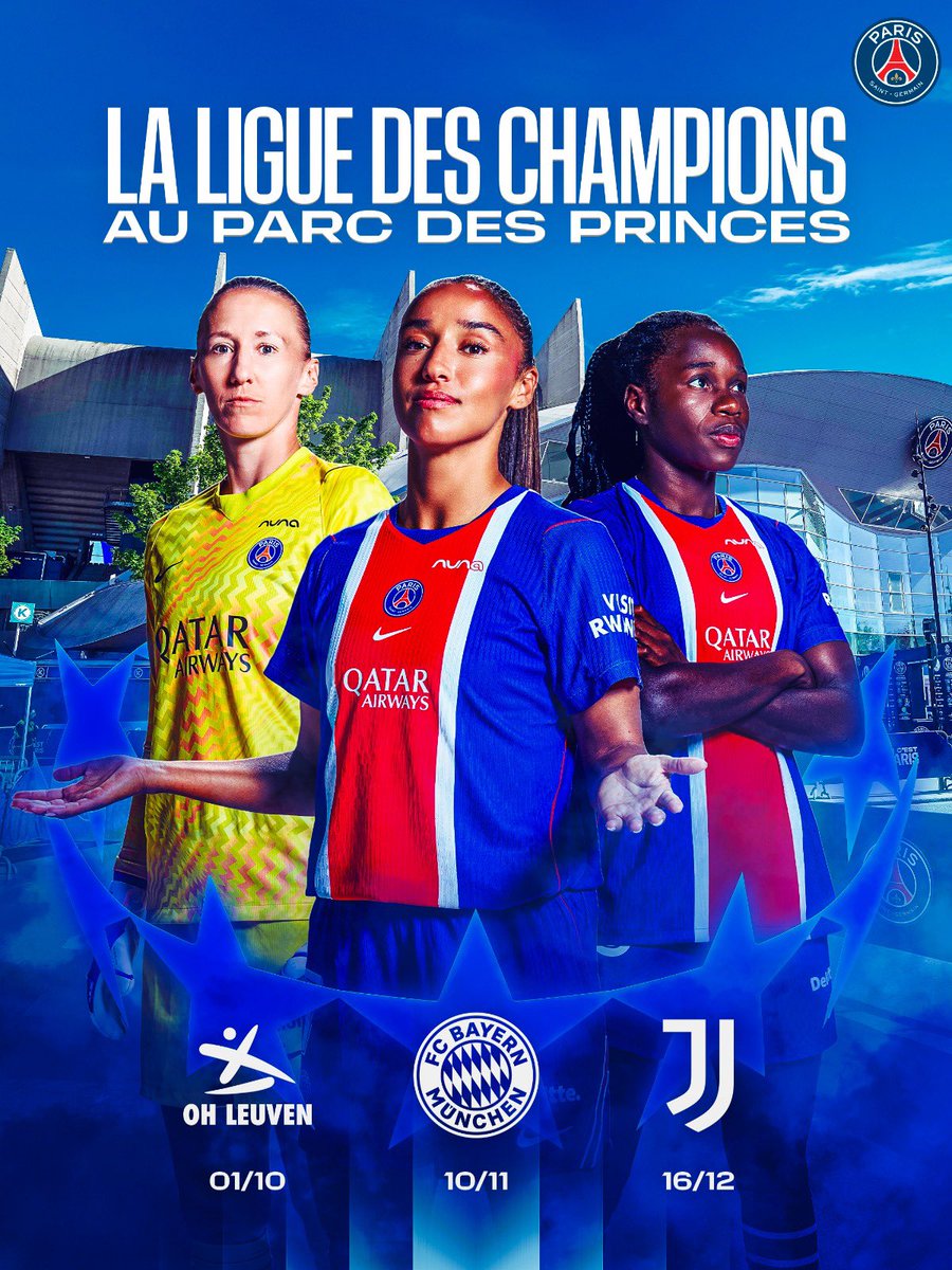 MacSpace__'s tweet photo. 🔴🔵 Le @PSG_Feminines jouera ses trois matches au Parc des Princes pour la phase de groupes de l'UEFA Women's Champions League.

📅  Les affiches :

▫️ 1er octobre : PSG – OH Leuven
▫️ 10 novembre : PSG – Bayern Munich
▫️ 16 décembre : PSG – Juventus

Avec le choc face à l'OL Lyonnes le weekend du 17-18 octobre, ce sont donc quatre rendez-vous des Parisiennes qui se joueront au Parc en l'espace de trois mois, qui reste le théâtre des plus grandes affiches de notre équipe.

La billetterie ouvre aujourd'hui, avec une offre Early à partir de 8 € pour PSG – OH Leuven, ainsi qu'un pack comprenant les matchs face à OL Lyonnes, le Bayern Munich et la Juventus, afin de mobiliser un maximum de supporters pour venir soutenir notre équipe.

#PSG #TeamPSG