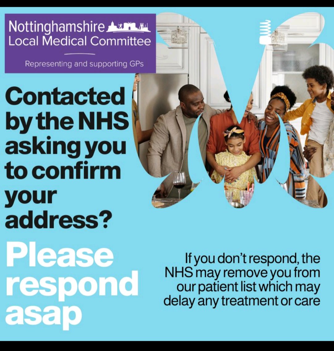 NottsLMC's tweet photo. Patients are being contacted by the NHS to check their address.
If the patient doesn't respond within 30 days the GP practice then has 3 months to respond or else the patient will be de-registered with the practice (aged 18+).

This could delay care and treatment for patients. https://t.co/0LaQB7tPjg