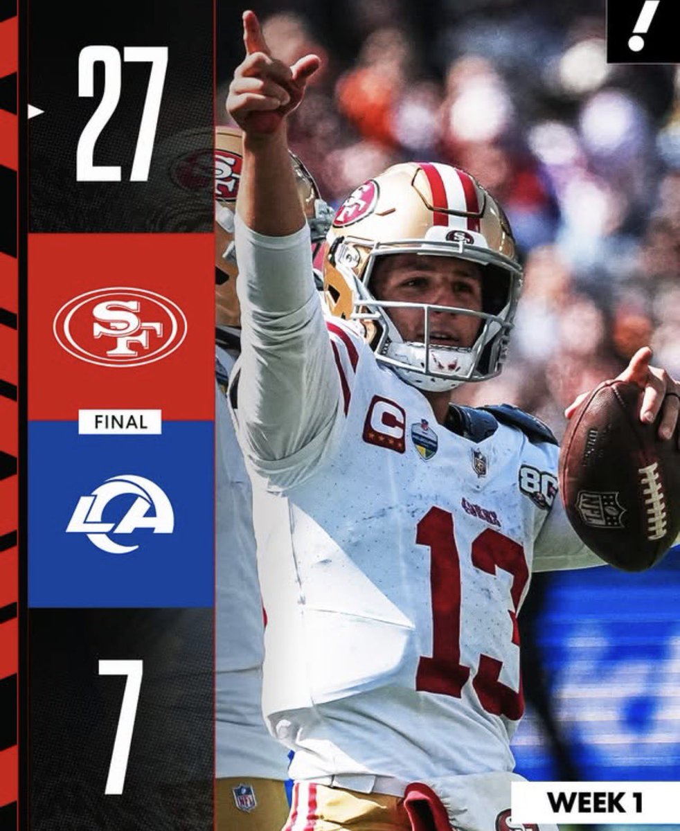 UnderReviewQCA's tweet photo. The Rams didn’t look great last night. Missed opportunities and turnovers cost them, but the 49ers just looked like the better team overall. San Francisco takes it, 27-7.

#49ers 
#Rams 
@UnderReviewQCA https://t.co/WOElTSfgH3