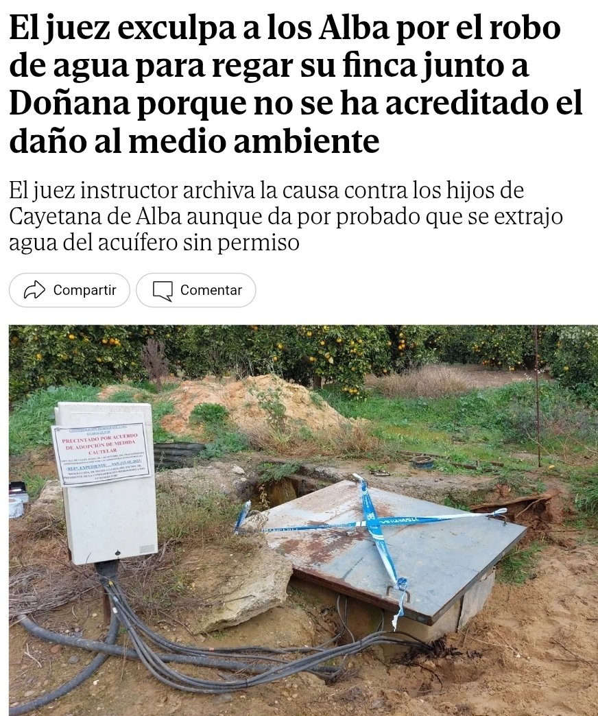 katacrowski's tweet photo. Que dice su señoría que aunque la G.Civil dice que el beneficio de los Cayetanos fue de más de 5 MM. de euros por la extracción ilegal de millones de litros, no queda acreditado el delito. Y los absuelve pero les ha dicho que no lo hagan más. Pero no penséis mal de su señoría. https://t.co/otEKAkS4uy