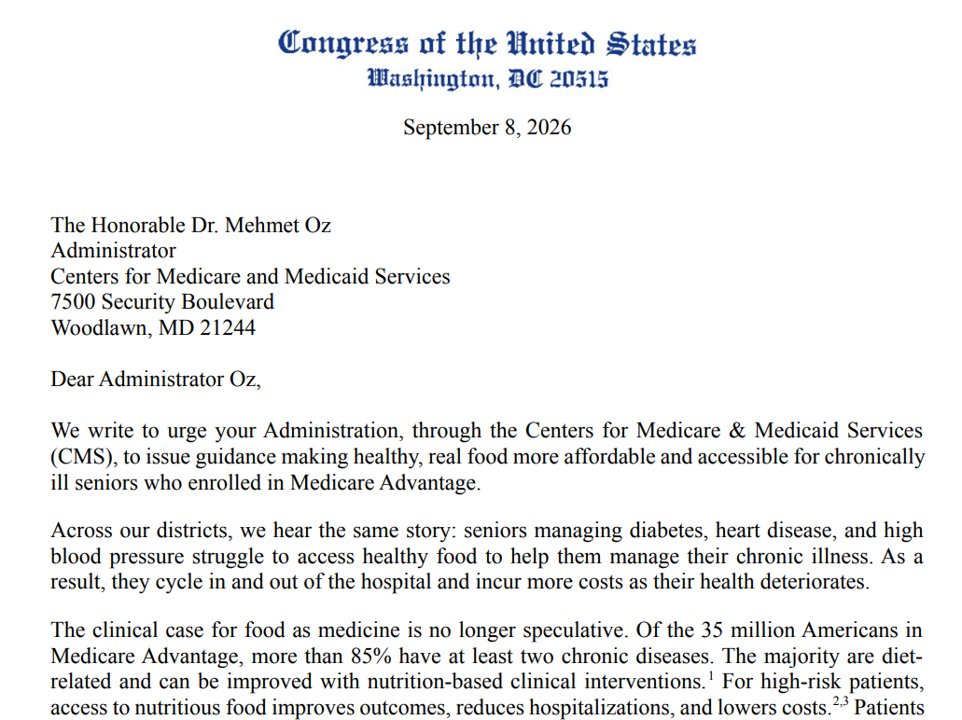 jwhite_health's tweet photo. Medicare does not consider food primarily health related, which is not MAHA friendly!

This important effort from House Republicans urging CMS to expand clinical treatment through healthy food to 35 million Medicare beneficiaries would be a massive MAHA win. 

Importantly, it would lower costs and reduce waste in how the benefit is structured. 

Bravo @RepGregMurphy!  @C4AHC