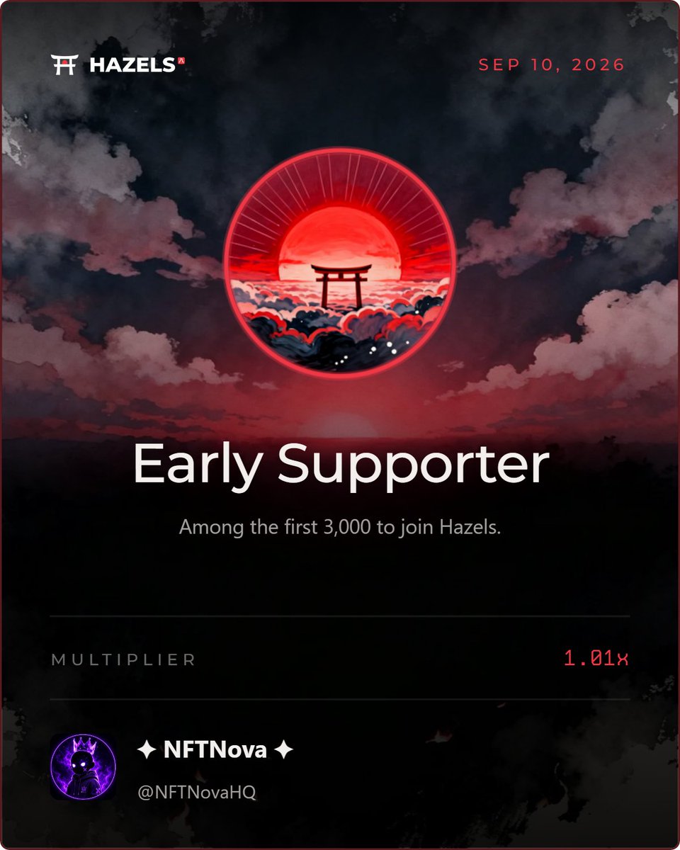 NFTNovaHQ's tweet photo. I earned the Early Supporter badge on Hazels. @0xhazels @NFTNovaHQ
https://t.co/gXS5nq9w8A                                                                      🌅 Early Supporter of Hazels
Proud to be among the first 3,000 to join the Hazels journey. 🍃🔥

Being early isn’t just a badge — it’s about being there before everyone else. 👀

1.01x Multiplier ⚡

Building early. Supporting early. Growing together. 🤝

#Hazels #WEAREHAZELS #NFT #Web3