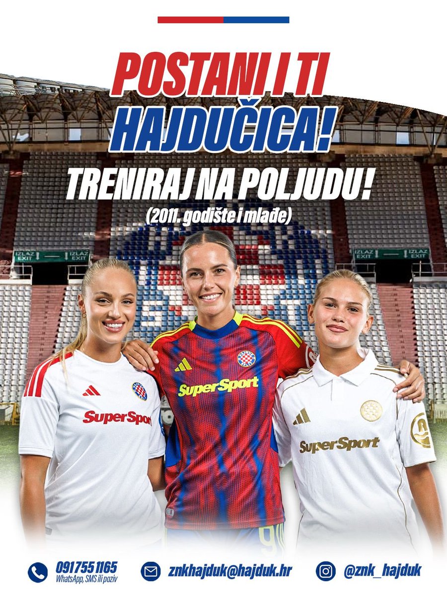 hajduk's tweet photo. Cure dobro došle na #Poljud, dobro došle u hajdukovu obitelj! ✍️❤️💙

👧 2011. godište i mlađe
📞 091 755 1165 (WhatsApp, SMS ili poziv)
📧 znkhajduk@hajduk.hr

#žnkhajduk #hajdučice https://t.co/mxlfPMAanz