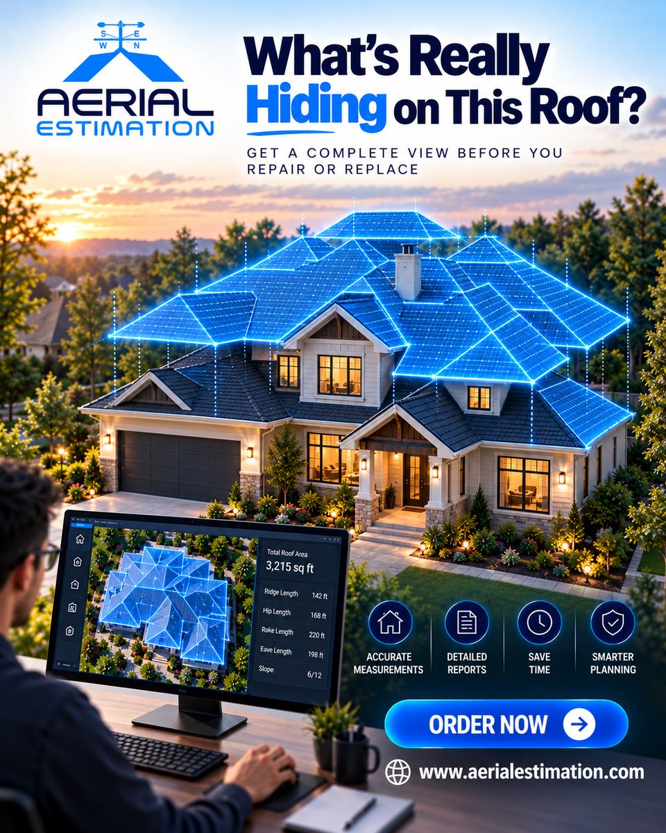 AEstimation's tweet photo. See the full roof before you repair, replace, or price the job. Aerial Estimation delivers detailed roof measurements and reports to help contractors plan with confidence. https://t.co/Qmj8cEEznR
#Roofing #RoofingContractor #RoofMeasurement #RoofEstimation #AerialEstimation #Roof https://t.co/vuDfUOQHuN