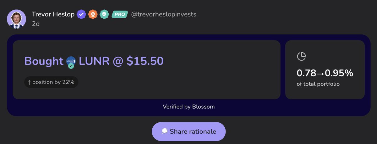 trevhesinvests's tweet photo. I made 2 buys recently:

- $CELH @ $26.72
- $LUNR @ $15.50

I believe that both companies are being discounted vs its fundamental strength and fair value

I'm also extremely bullish on Space here and am looking at $RKLB & $VOYG as well

See what I’m investing in and follow my trades on Blossom: https://t.co/qsTmbOX8uG