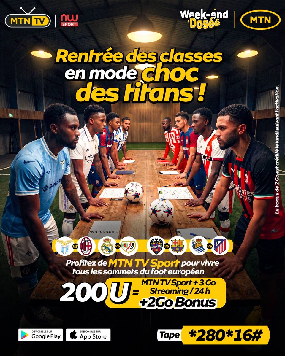 Laetitiandawa's tweet photo. Le choc des titans est bien la!!
Profitez du MTN TV Sport pour suivre les grands rendez-vous du football européen. Avec 200F, bénéficiez de MTN TV Sport + 3 Go de streaming pendant 24h + 2 Go bonus.
Tape *280*16# et vibrez au rythme du foot ! ⚽
#MTNTV https://t.co/7QBsUwcdAJ