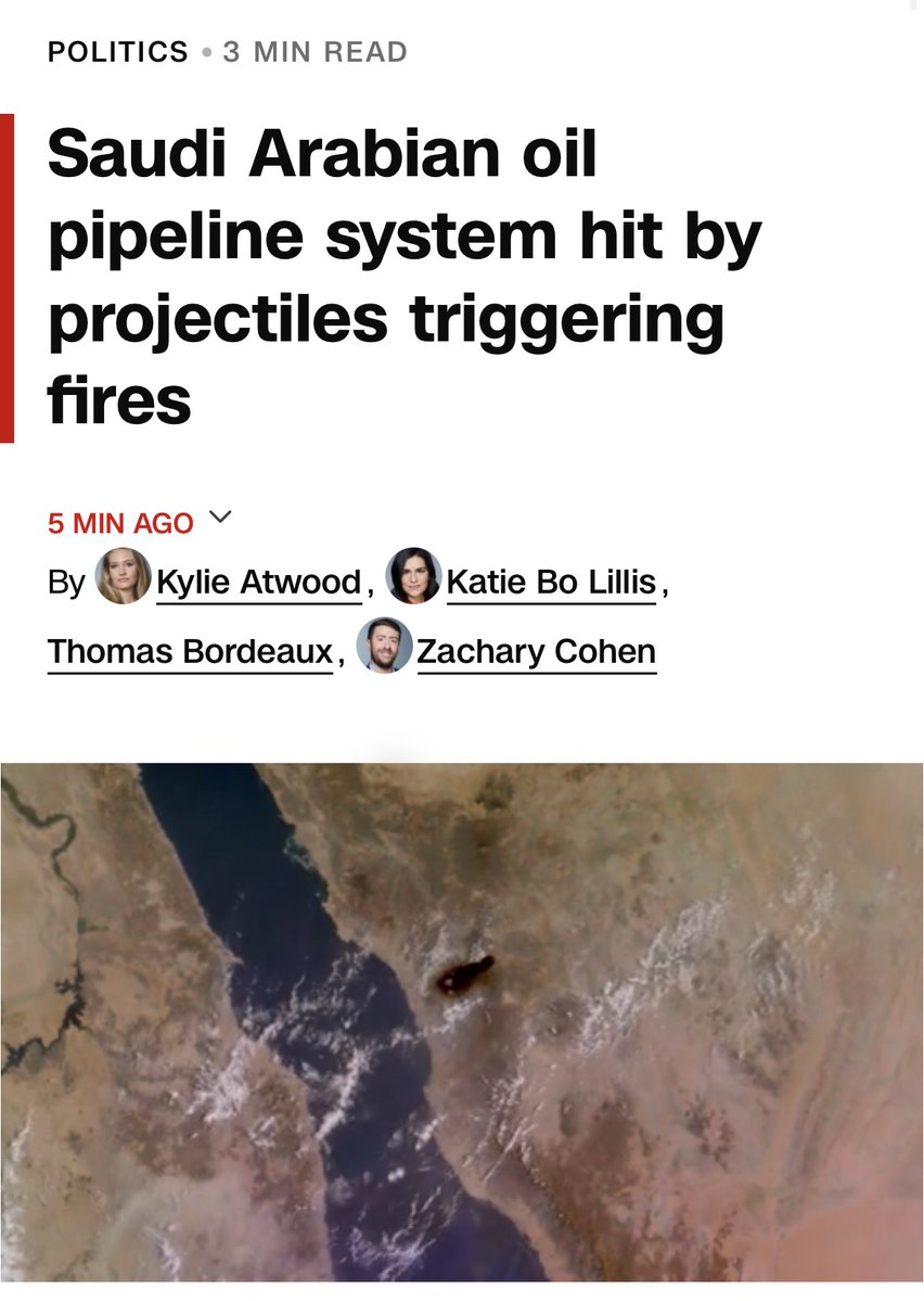 Osint613's tweet photo. CNN is reporting that the Saudi East-West oil pipeline was attacked using “drones originating from Iraq”.

Meaning that this attack was likely carried out by Iranian-aligned militias in Iraq, opening a new front in the war.

It’s not yet clear how long it would take to repair the damage, sources said to CNN.