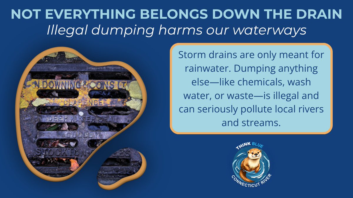 ThinkBlueCTR's tweet photo. Storm drains are designed for rainwater—not chemicals, wash water, trash, or other waste. What enters a storm drain can flow directly to local rivers and streams. Dispose of waste properly and help protect our waterways.

#ThinkBlueCTRiver #MS4 #Stormwater https://t.co/ajOS1MLNsc