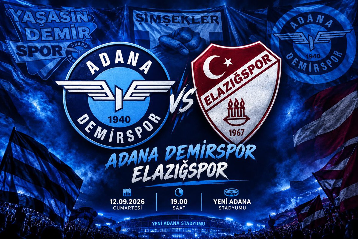 Mavililer1940's tweet photo. 🔵 MAÇ GÜNÜ 🔵

Bugün yine arma için, forma için, bu şehrin sevdası için tribündeyiz! 💙

Adana Demirspor 🆚 Elazığspor

📅 12 Eylül 2026 Cumartesi
⏰ 19.00
🏟️ Yeni Adana Stadyumu https://t.co/GvSxh6bWeT