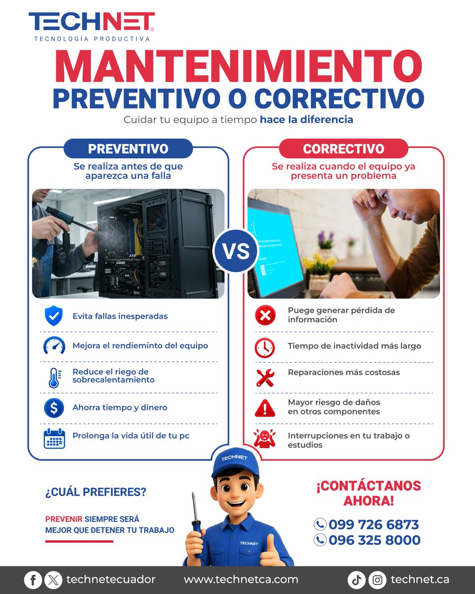 TechNetEcuador's tweet photo. 🔧No esperes a que tu equipo presente problemas para actuar. 💻⚠️

El mantenimiento preventivo ayuda a:

✅ Mejorar el rendimiento de tu equipo
✅ Ahorrar tiempo y dinero
✅ Prolongar la vida útil de tu PC

📞 Contáctanos:
099 726 6873 | 096 325 8000
📧 ventas01@technetca.com https://t.co/sw7DhCZlJ9