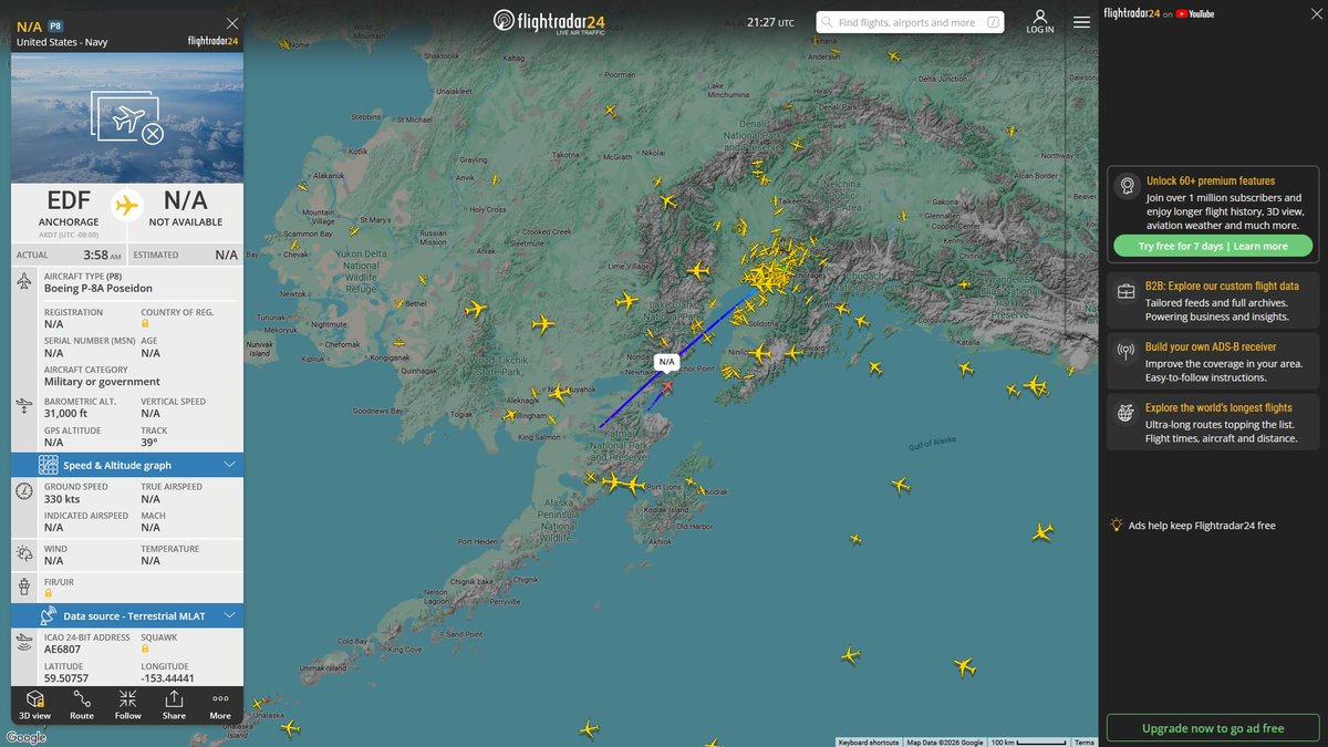AIYeyENGDdJkjTr's tweet photo. Sept. 12, 2026
#Anchorage Elmendorf Air Force Base ==> #Offshore of Kamchatka Peninsula
#NoCALLSIGN #AE6807 USN P-8A Poseidon https://t.co/oMco7uatHD
