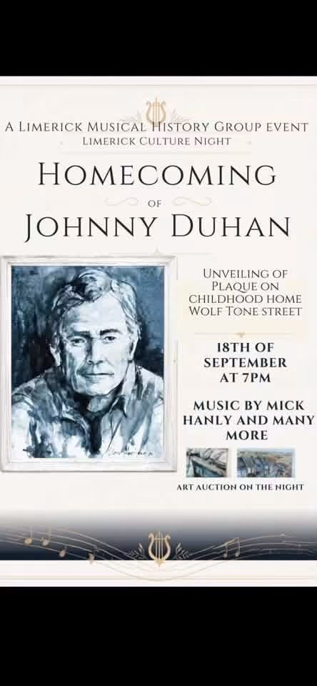 mariadonoghue24's tweet photo. All welcome next Friday night on Wolfe Tone Street. A lovely community event and plaque unveilingto remember Johnny Duhan for #culturenight2026 #believeinLimerick #wearecity #changethenarrative https://t.co/HlUpKO9Isp