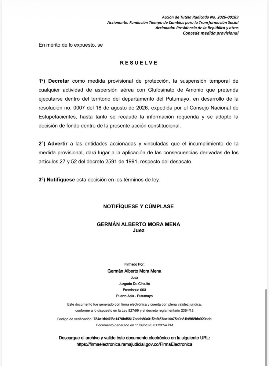 DCoronell's tweet photo. #ElReporteCoronell Última hora: Juez de Putumayo ordena suspensión de fumigación con glufosinato de amonio. Detalles esta noche https://t.co/WW1Mq6mqof
