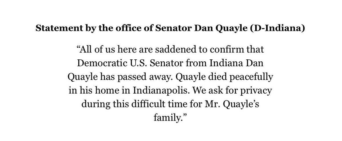 PoliSimAlbanese's tweet photo. Statement by the office of Senator Dan Quayle (D-Indiana)

(@PoliGSim) https://t.co/SZdAY11mSL