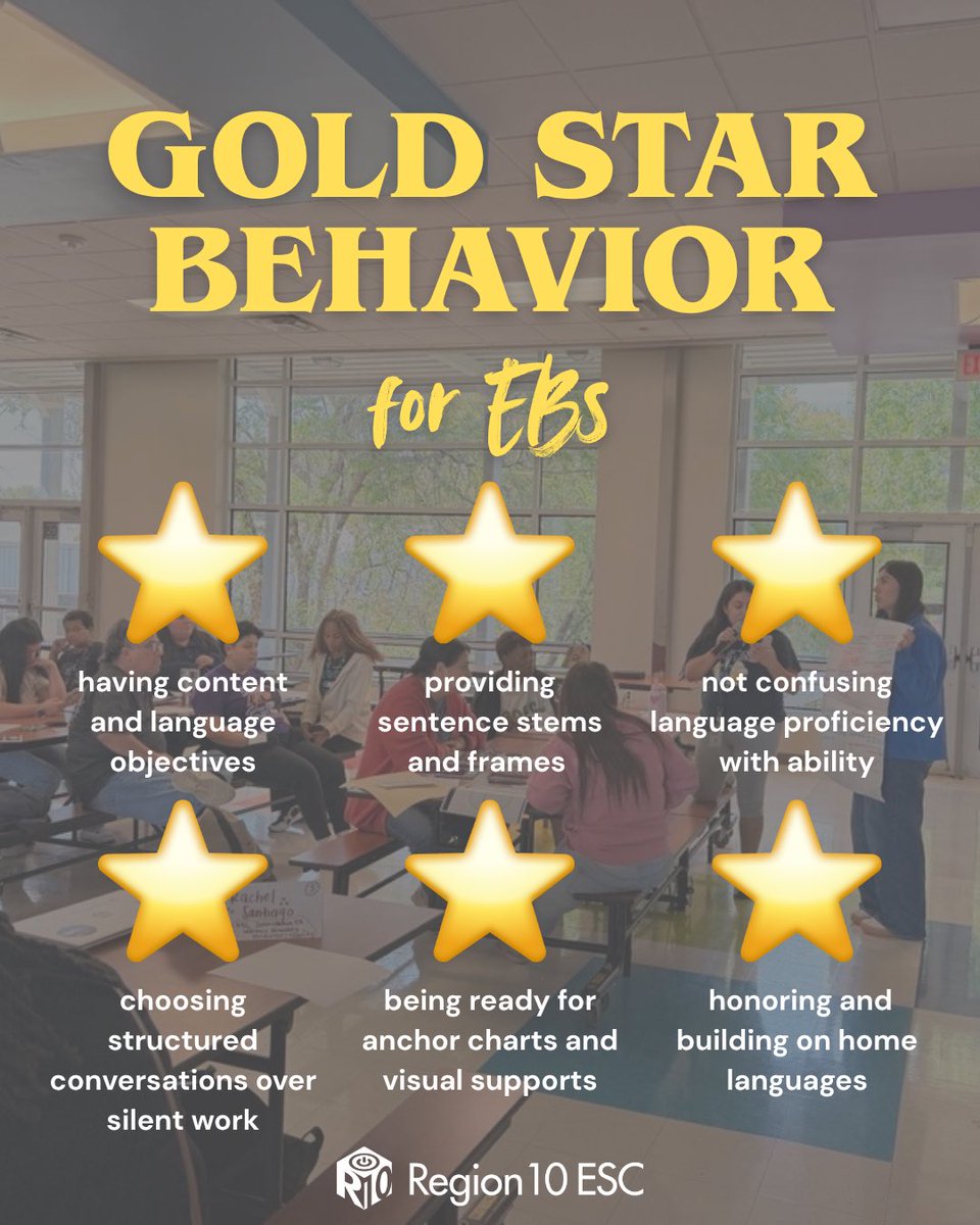 R10Multilingual's tweet photo. Best practices for supporting Emergent Bilinguals aren't just extra strategies, they're essential for learning success! 🌟

Which of these gold star behaviors are you bringing into your? Drop your favorites in the comments below! 👇 https://t.co/u56MsTYWJe
