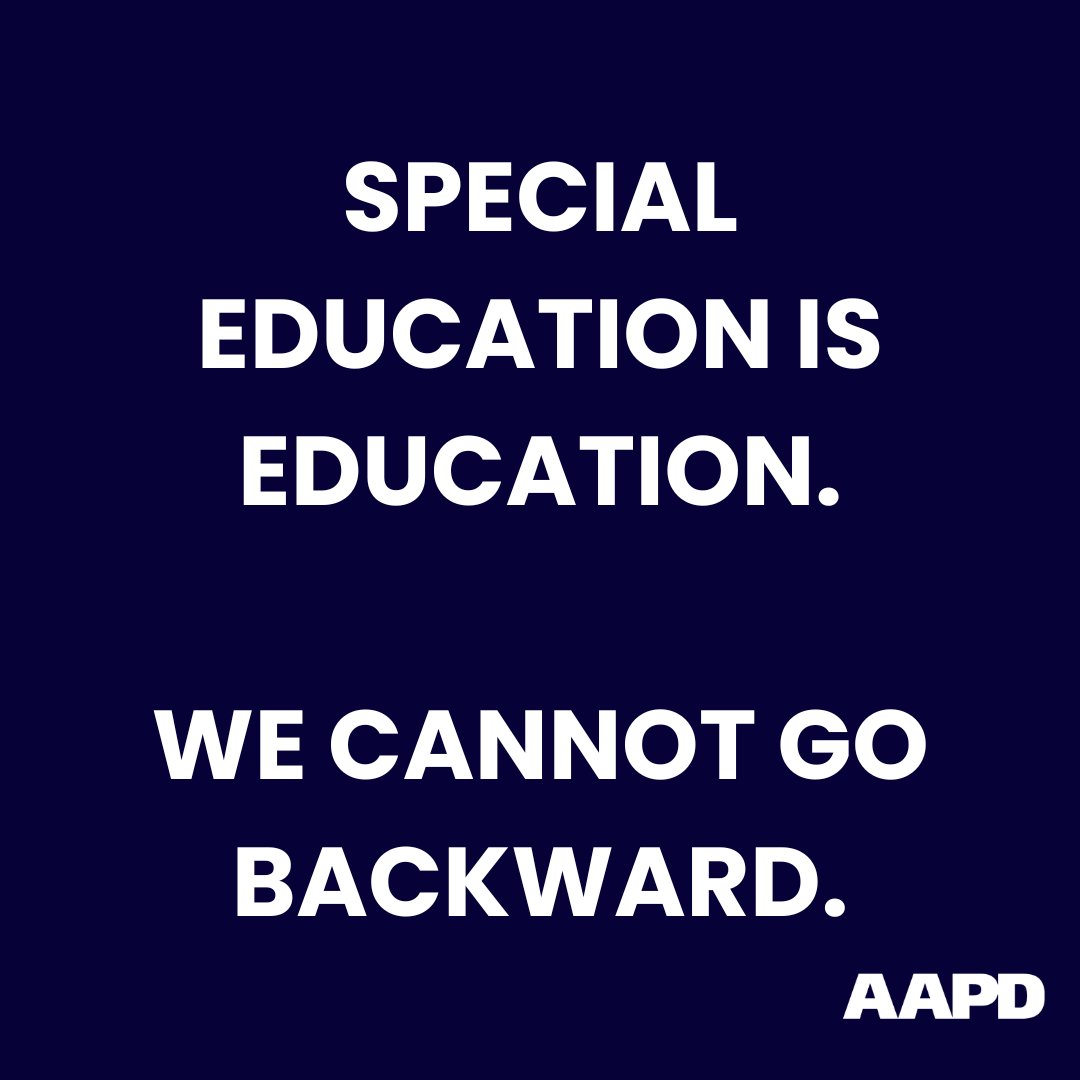 All caps white text on a navy background that says "Special education is education. We cannot go backward."