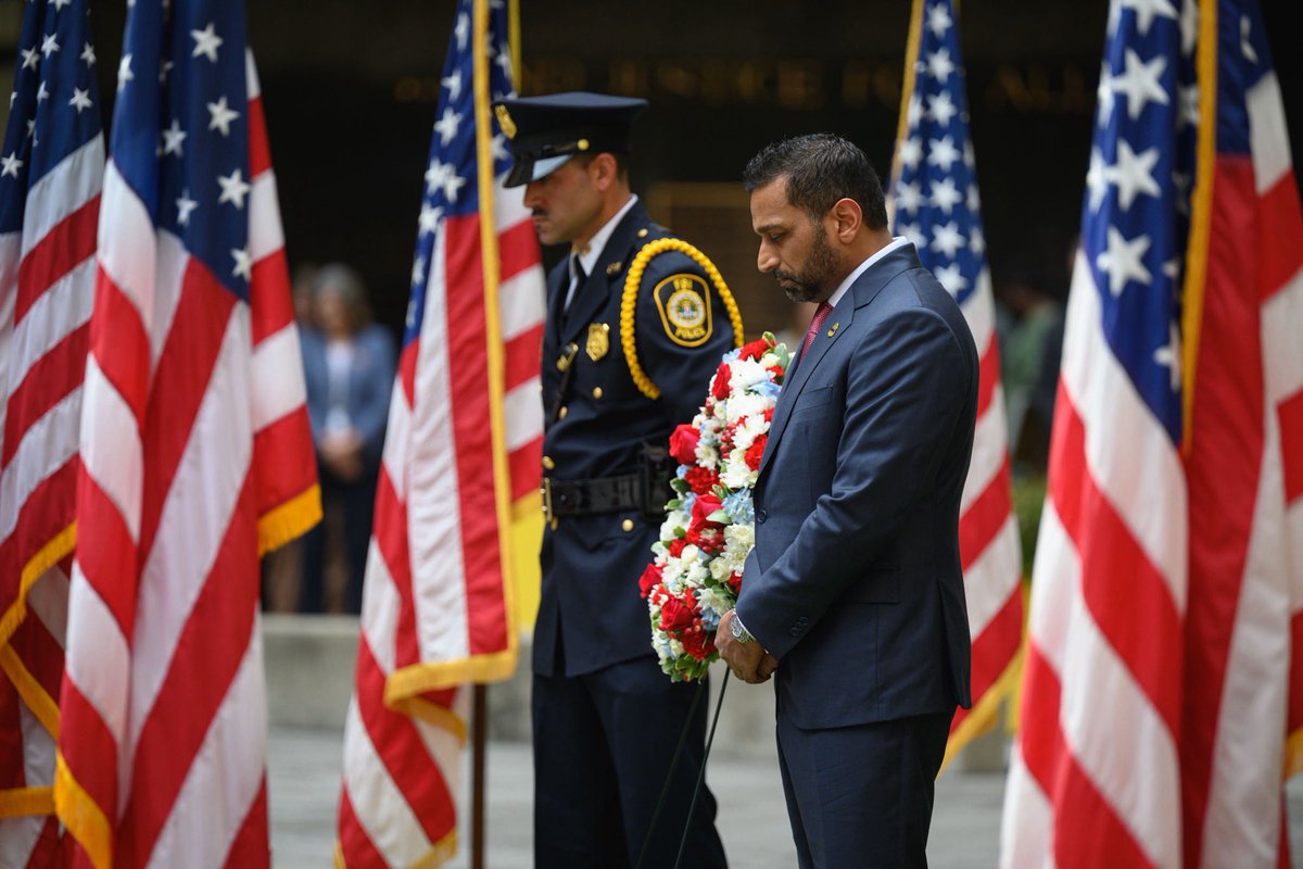 FBIDirectorKash's tweet photo. 25 years ago today, terrorists attacked our homeland and killed 2,977 innocent Americans.

And in the years since, we’ve lost 34 FBI employees from the attack – one Special Agent, Leonard Hatton, who died that day while working to save lives – and 33 employees lost to 9/11 related illnesses, after they bravely responded to search the scene, assist victims, and execute the investigation that followed.

Each of these heroes died in service answering the call when America needed them most.

This FBI will NEVER forget.
-DKP🇺🇸