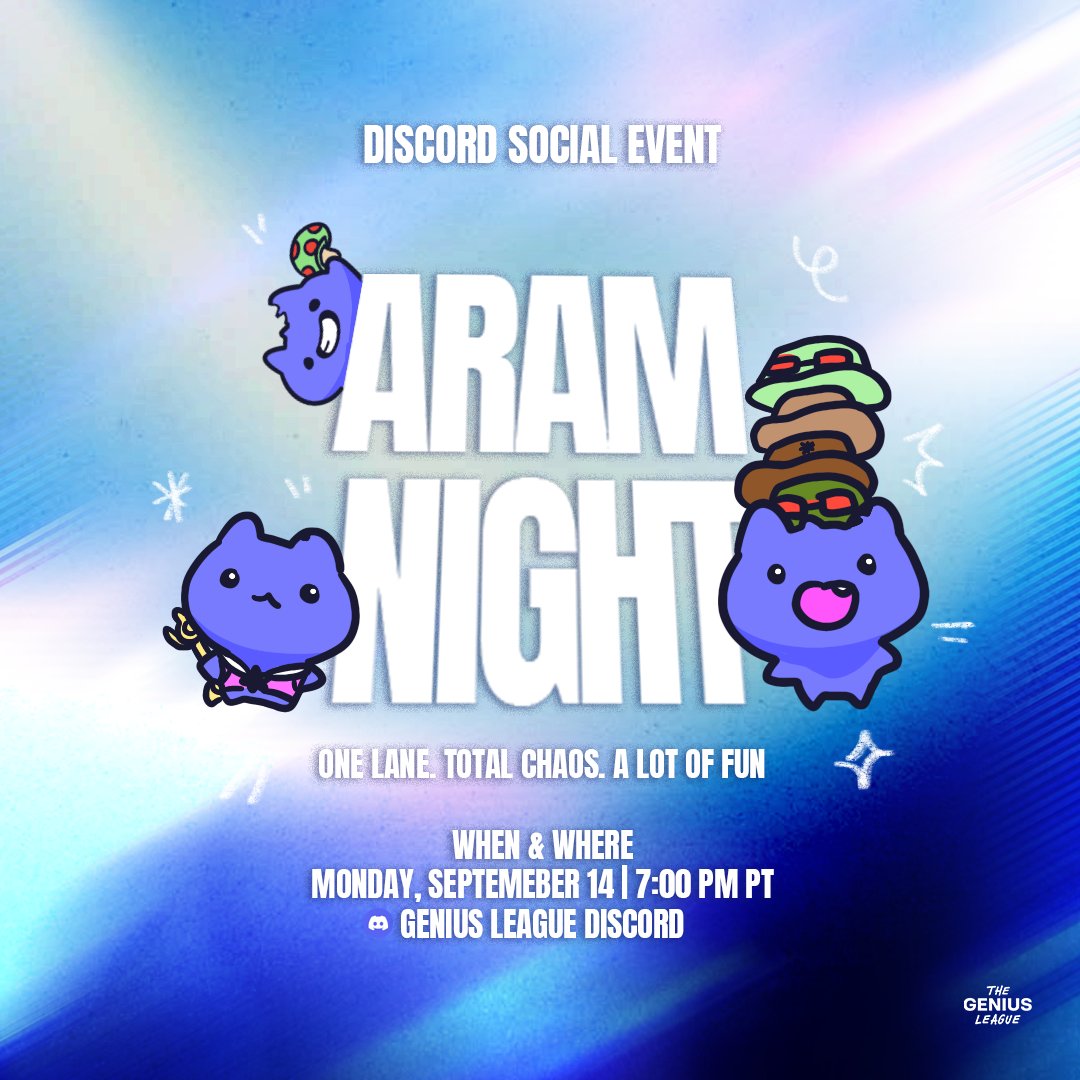 EG_GeniusLeague's tweet photo. One lane. Total chaos. A lot of fun.

ARAM Night is on tonight at the Genius League! Come enjoy some run it down fun with friends and the community.

🗓️Monday, Sept 14
⏰7:00 PM PT
📍Genius League Discord