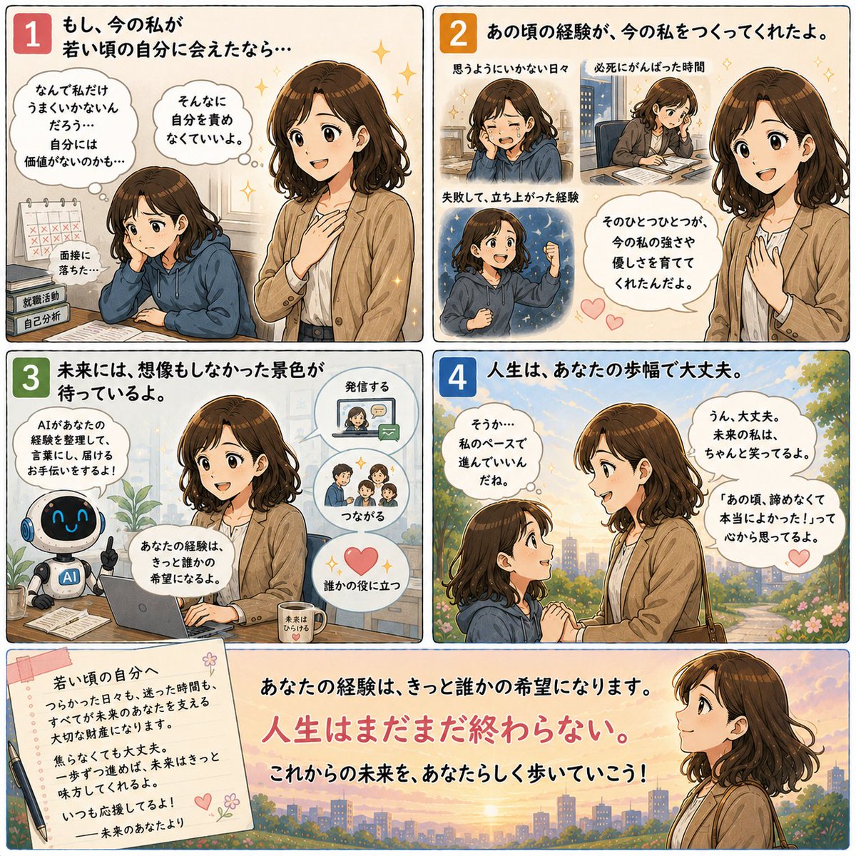 akapencc's tweet photo. もし若い頃の自分に会えるなら、

何と声をかけますか？

私は、

「大丈夫。ちゃんと未来はあるよ。」

と伝えたいです。
Kindle出版ブログ：https://t.co/BT7u9NvdcQ

#人生 #就職氷河期 #AI #Kindle出版 https://t.co/pu2oa0LH70