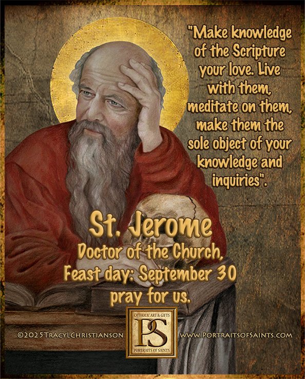 SaintPortraits's tweet photo. St. Jerome, pray for us! Doctor of the Church is best known for his translation of the Bible into Latin (the Vulgate), and his commentaries on the Gospel of the Hebrews. His list of writings is extensive.
https://t.co/ZmcGmY7ejI https://t.co/wpifH0jEzR