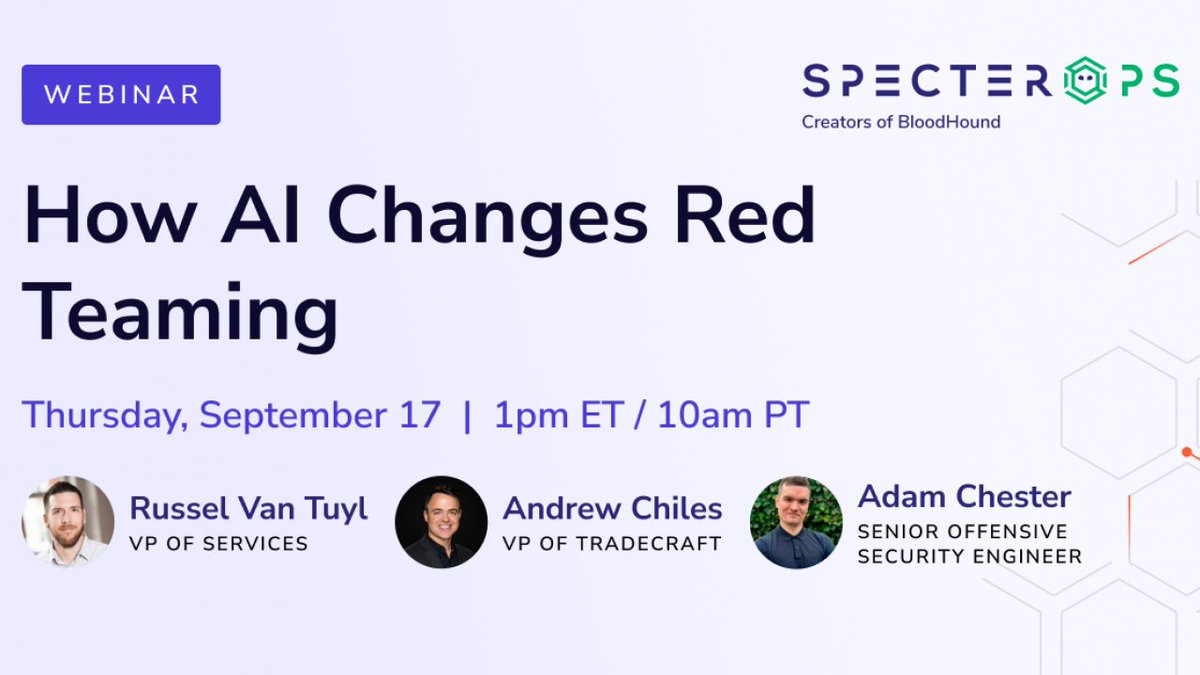 SpecterOps's tweet photo. AI is reshaping how adversaries operate and what red teams need to evaluate.

Join @ne0nd0g, @AndrewChiles &amp; @_xpn_ next Thursday to explore assumed breach, attack paths, AI deployments &amp; more.

Save your spot: https://t.co/7gDwdyQbm2 https://t.co/1cIW8F9zH6
