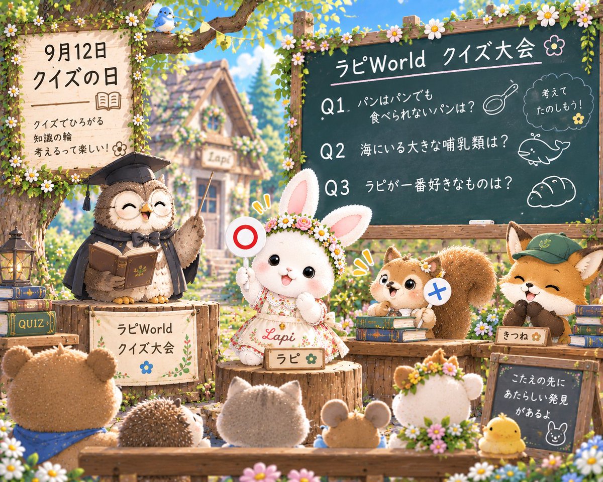 tamausa_m's tweet photo. 🎂クイズの日
#AIart #Storybook #RabbitArt #ラピ日記 #今日は何の日 https://t.co/I0mcA91fAv