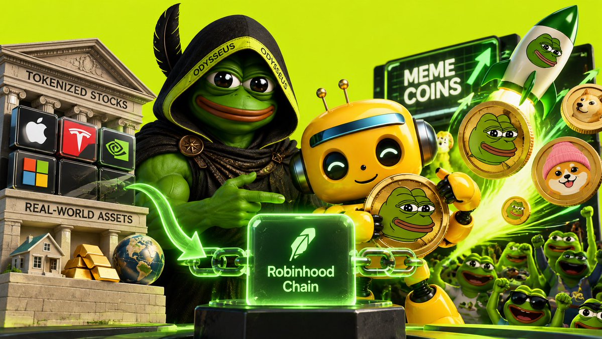 ODYSSEUSPD's tweet photo. Here’s a fun fact about Robinhood Chain 🟢⛓️

Robinhood Chain was originally built with tokenized stocks and real-world assets (RWAs) in mind 📈🏦 — but after mainnet launched, meme coins unexpectedly took over! 😂🚀 https://t.co/sWSMJsVvXh