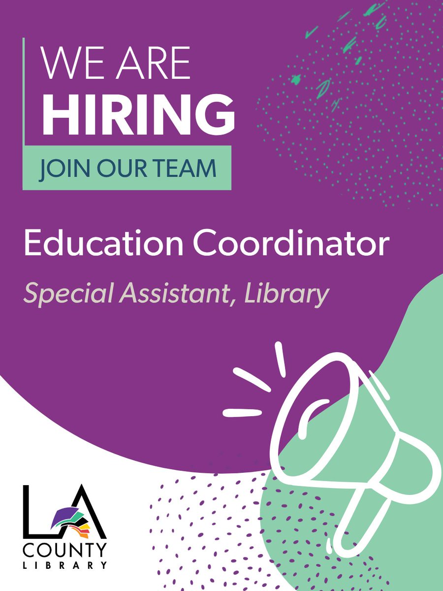 LACountyLibrary's tweet photo. We're hiring:

Education Coordinator (Special Assistant, Library) https://t.co/AfWzocaTPh

The application filing period will begin on Mon, Sep 14, 2026 at 8 am (PT) and will remain open continuously.  The application window may close unexpectedly once we have enough candidates. https://t.co/P05IQnWijP