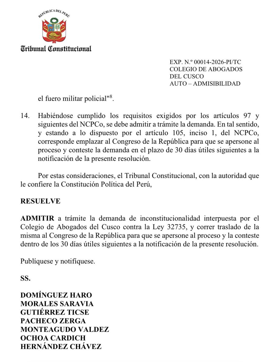 maagnetar's tweet photo. El TC admitió la demanda de inconstitucionalidad contra la llamada “Ley Rospigliosi” sobre el Fuero Militar Policial.

Será una de las últimas demandas trascendentales en la que intervendrán los 6 magistrados cuyo mandato vence en mayo de 2027 https://t.co/f0Cw5acNWW