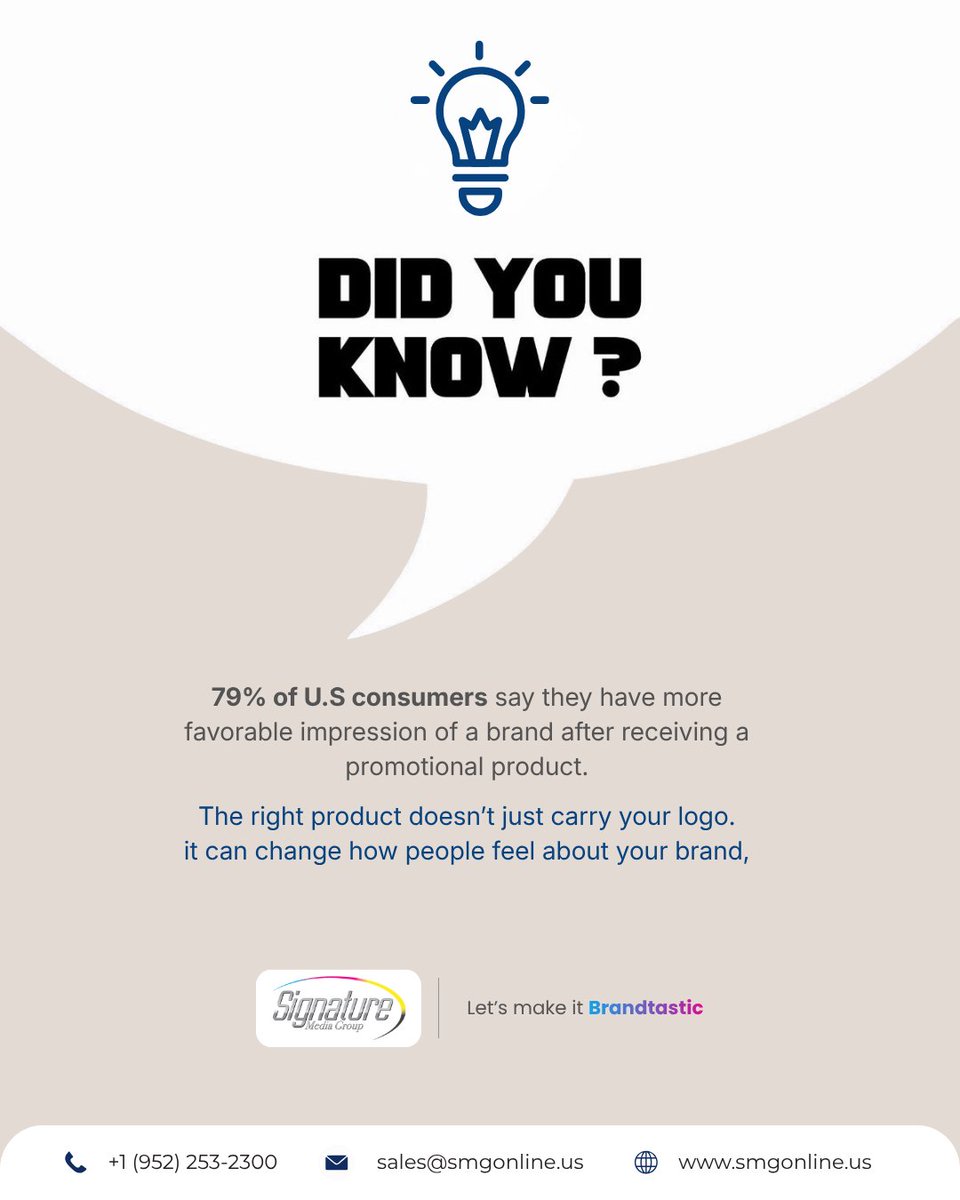 SignatureMediaG's tweet photo. Did you know? 👀

Nearly 8 in 10 U.S. consumers say receiving a promotional product can improve their impression of the brand behind it.

The right giveaway isn’t just another product — it’s another brand experience.

Let’s make it Brandtastic.

 #Branding #SignatureMediaGroup https://t.co/zYNQjzqlKT