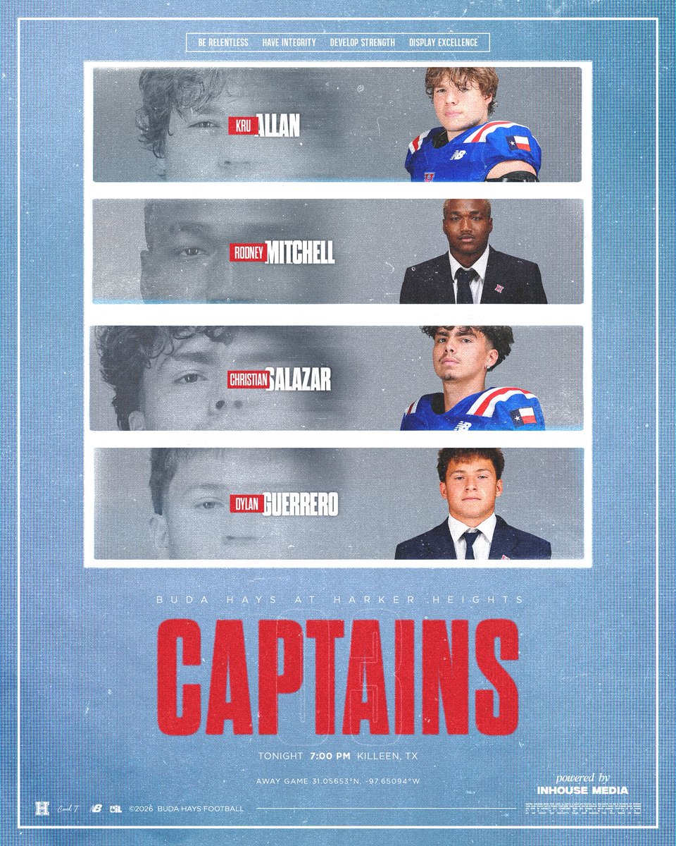 BudaHaysFB's tweet photo. Game 3 Captains 🫡 

@coachmarktorres 
#RISE #BudaHaysFootball

Powered by @inhousemediatx #BuiltWithin https://t.co/N315gUi9s0